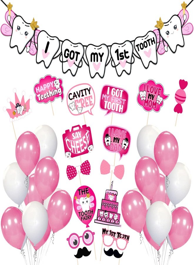Zyozique I Got My First Tooth Photo Booth Props and I Got My First Tooth Paper Banner With Balloons /First Tooth Decoration/First Tooth Decoration Items for Baby (Pack of 42) Pink - Image 1
